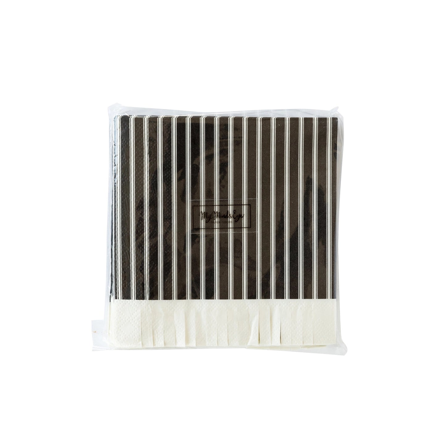 Black Tic Cocktail Napkins. Featuring a classic cream and white ticking stripe design and a festive fringe edging