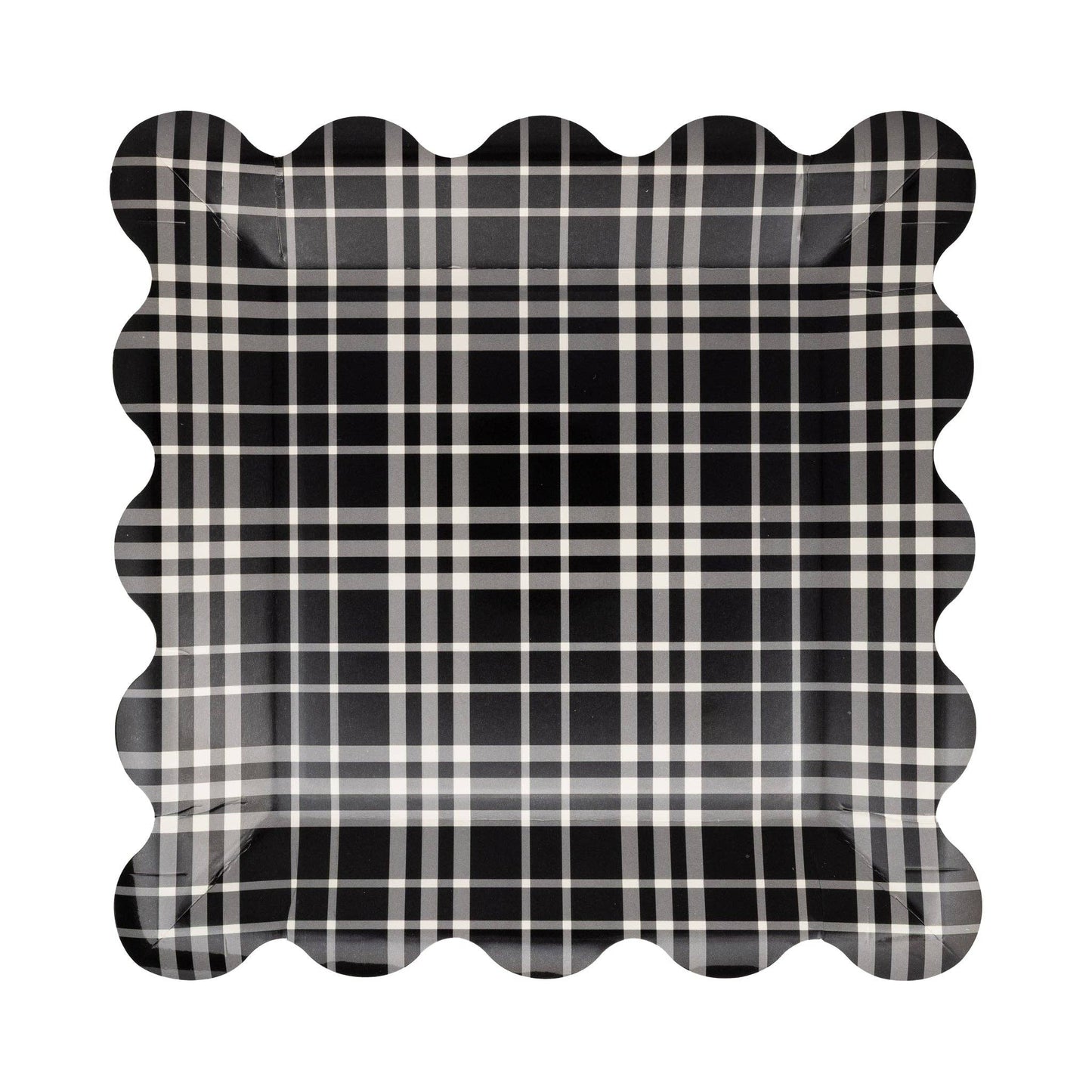 Black and white plaid paper plate with scalloped edge on a white background