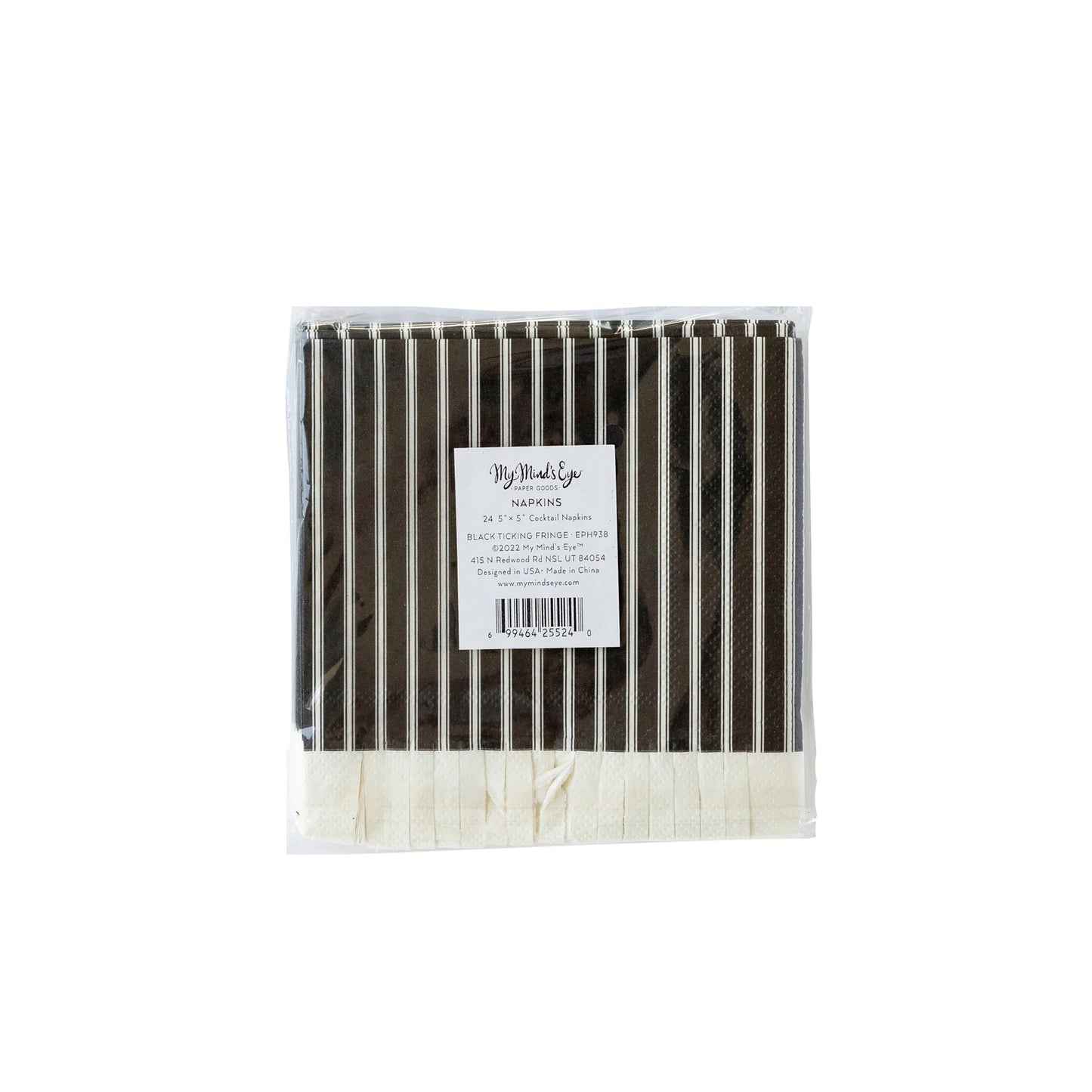 Black Tic Cocktail Napkins. Featuring a classic cream and white ticking stripe design and a festive fringe edging