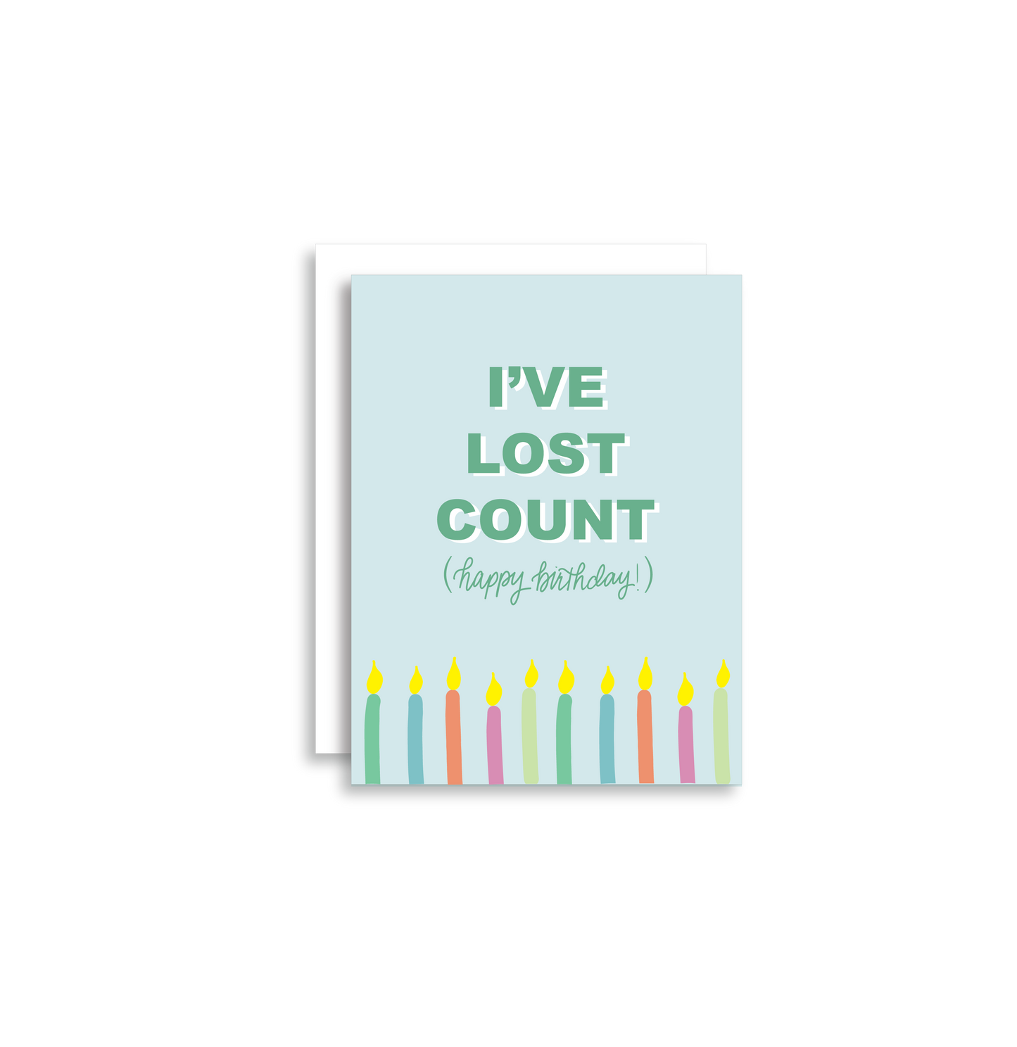 "I've lost count" birthday card is a simple but fun way to let someone know you are thinking about them on their special day. Each card is folded to 4.25" tall by 5.5" wide, is blank inside and comes with a matching white envelope. Cards are packaged in cellophane sleeves.
