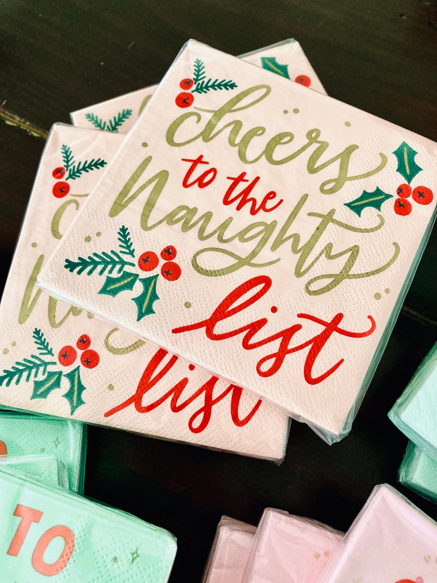 Get ready for some festive fun with Cheers to the Naughty List cocktail napkins! With 20 napkins in each pack, you'll have plenty to go around. These 3ply napkins are 5"x5" and perfect for spicing up your holiday party. Don't worry about being on the naughty list, just cheers your way through with these funny napkins! Festive Themed Beverage/Appetizer/Cocktail Napkins/Disposable Napkins for Holiday Parties and Entertainment 20ct Dimensions: 3 ply 5" x 5"