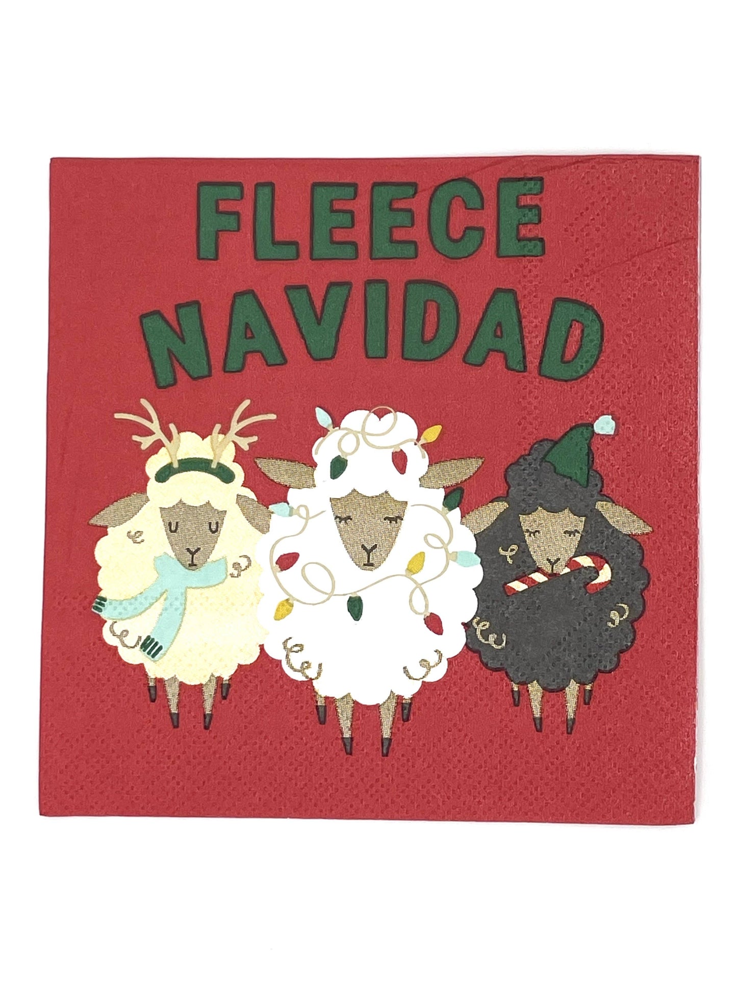 Celebrate the holidays with these Fleece Navidad Cocktail Napkins! Each 3ply napkin measures 5"x5" and features a playful sheep tangled in Christmas lights. With a pack of 20, you'll have plenty to go around for all your festive gatherings. Let these fun napkins add a touch of humor to your holiday table setting! Festive Themed Beverage/Appetizer/Cocktail Napkins/Disposable Napkins for Holiday Parties and Entertainment 20ct Dimensions: 3 ply 5" x 5"