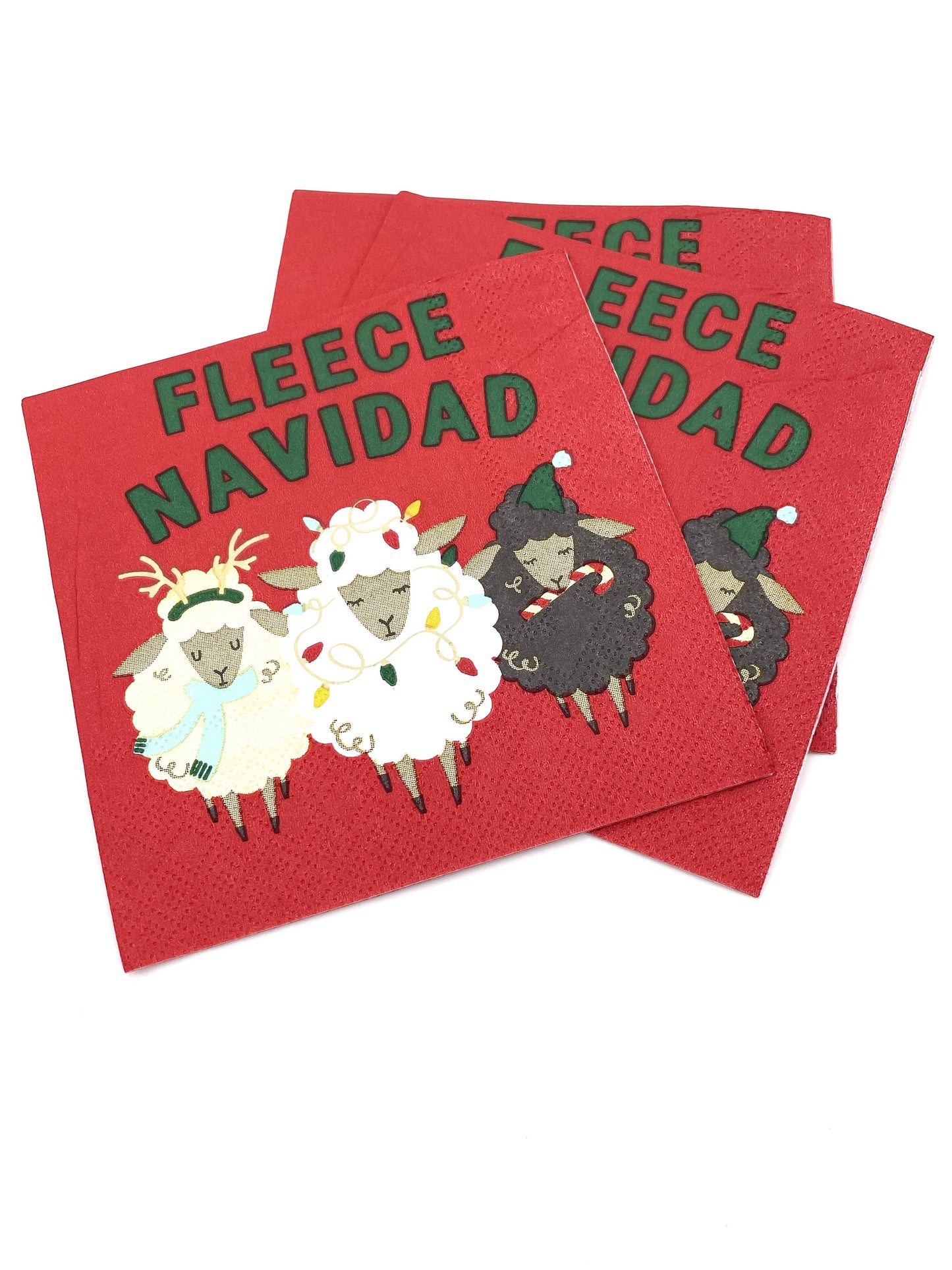 Celebrate the holidays with these Fleece Navidad Cocktail Napkins! Each 3ply napkin measures 5"x5" and features a playful sheep tangled in Christmas lights. With a pack of 20, you'll have plenty to go around for all your festive gatherings. Let these fun napkins add a touch of humor to your holiday table setting! Festive Themed Beverage/Appetizer/Cocktail Napkins/Disposable Napkins for Holiday Parties and Entertainment 20ct Dimensions: 3 ply 5" x 5"