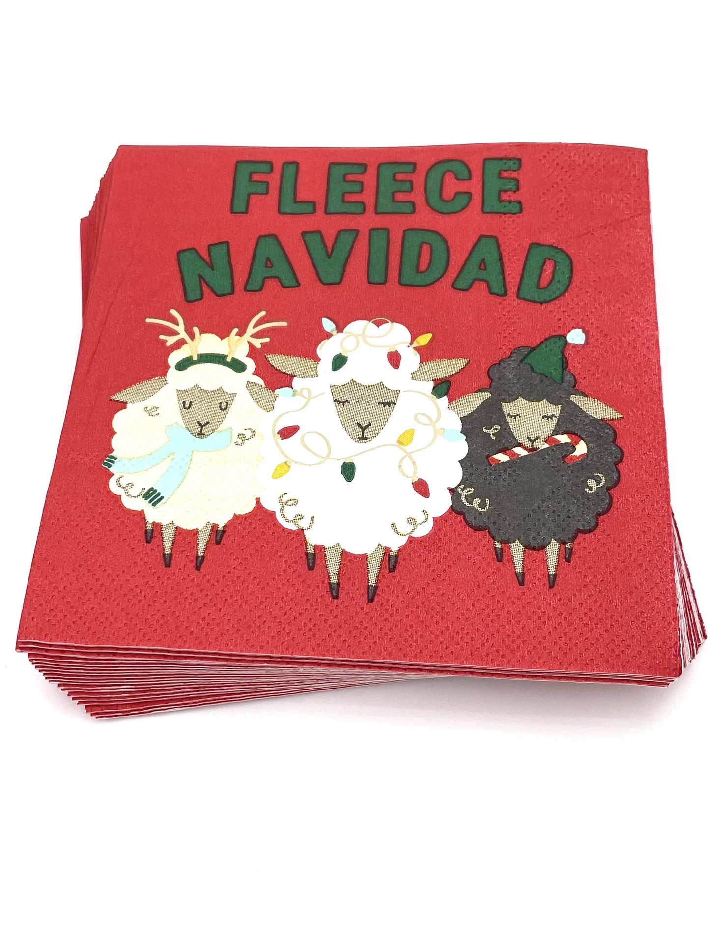 Celebrate the holidays with these Fleece Navidad Cocktail Napkins! Each 3ply napkin measures 5"x5" and features a playful sheep tangled in Christmas lights. With a pack of 20, you'll have plenty to go around for all your festive gatherings. Let these fun napkins add a touch of humor to your holiday table setting! Festive Themed Beverage/Appetizer/Cocktail Napkins/Disposable Napkins for Holiday Parties and Entertainment 20ct Dimensions: 3 ply 5" x 5"