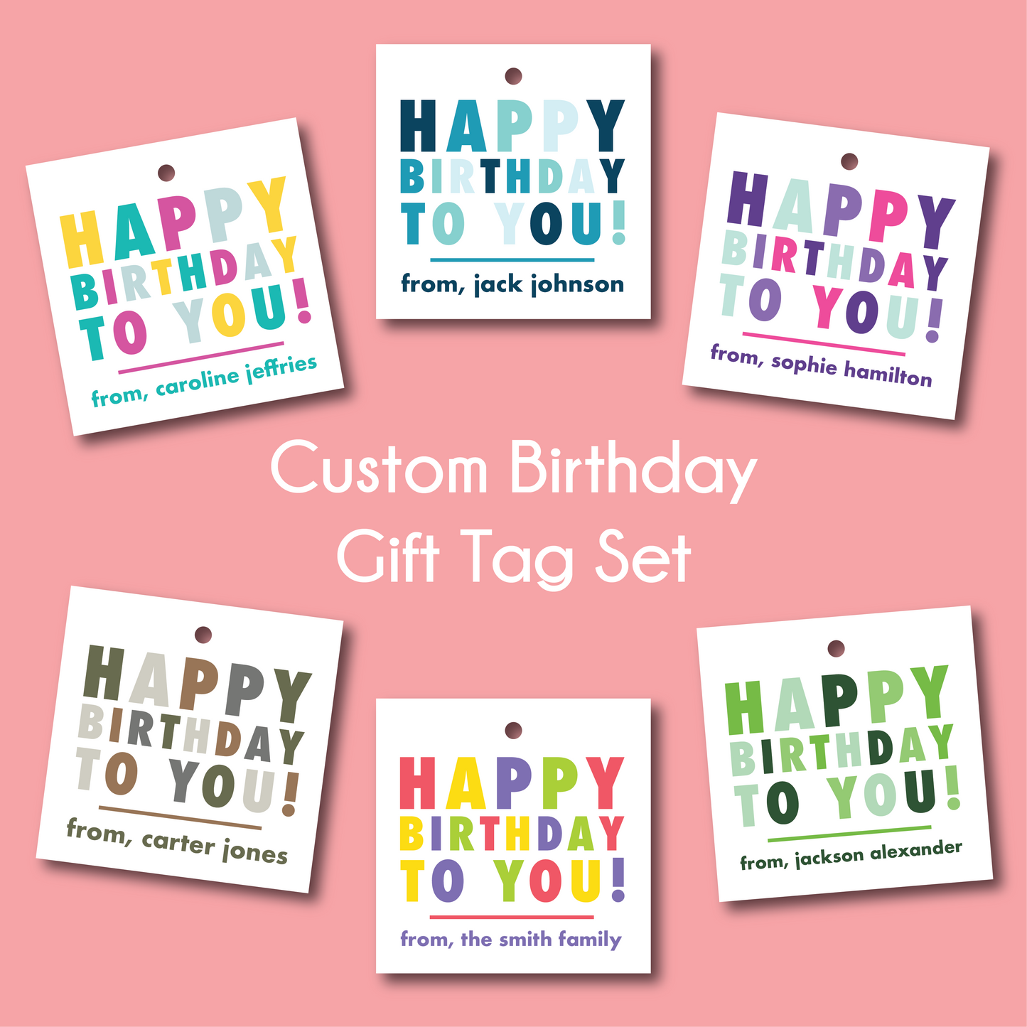custom gift tags, girls gift tags, custom gift tags for girls, kids gift tags, rainbow gift tags, happy birthday tags, rainbow birthday tags, bright birthday gift tags, fun custom birthday tags, happy birthday to you kids gift tags, girly gift tags, girls birthday gift tags, kids birthday gift tags, custom family name birthday tags, gift from tags