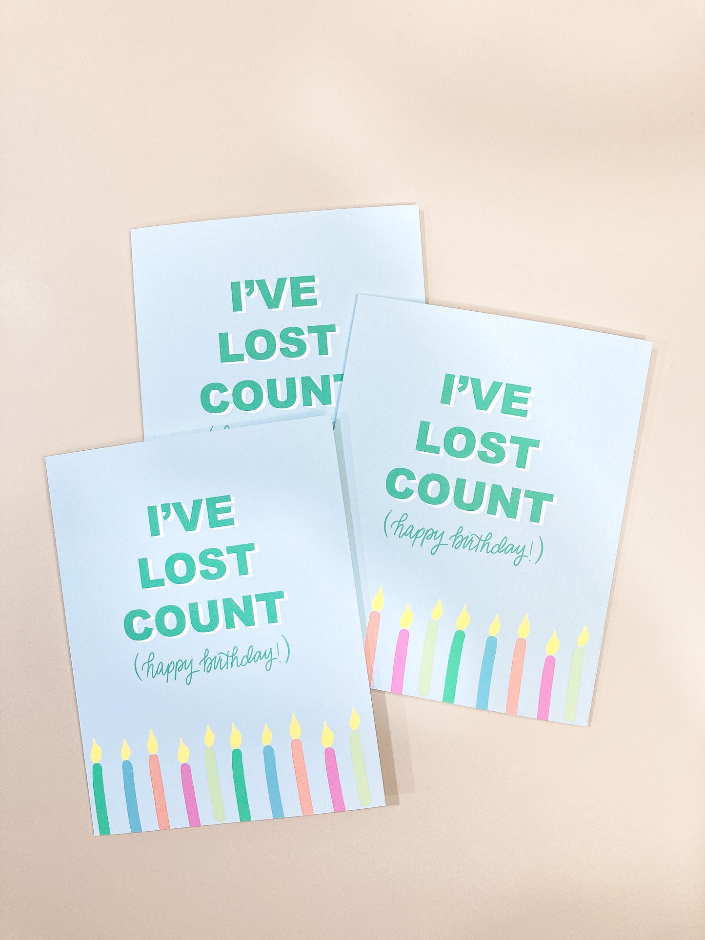 "I've lost count" birthday card is a simple but fun way to let someone know you are thinking about them on their special day. Each card is folded to 4.25" tall by 5.5" wide, is blank inside and comes with a matching white envelope. Cards are packaged in cellophane sleeves.