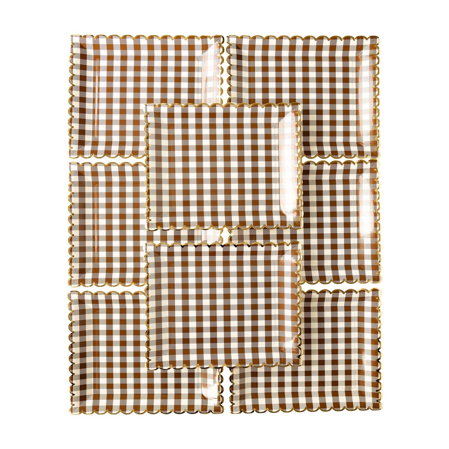 Serve up some serious style with our Brown Gingham Scalloped Plate! This harvest tabletop essential adds a pinch of charm to any meal. Whether your style is fun and festive or elegant and traditional, elevate your Thanksgiving tabletop game with this chic and playful design.
• 8 paper plates
• 10" square plates with gold foil scalloped edges