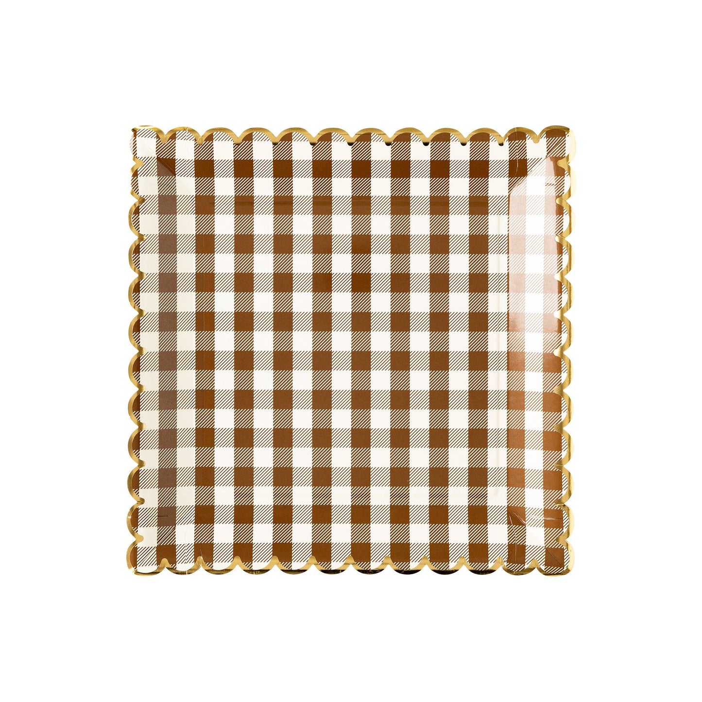 Serve up some serious style with our Brown Gingham Scalloped Plate! This harvest tabletop essential adds a pinch of charm to any meal. Whether your style is fun and festive or elegant and traditional, elevate your Thanksgiving tabletop game with this chic and playful design.
• 8 paper plates
• 10" square plates with gold foil scalloped edges