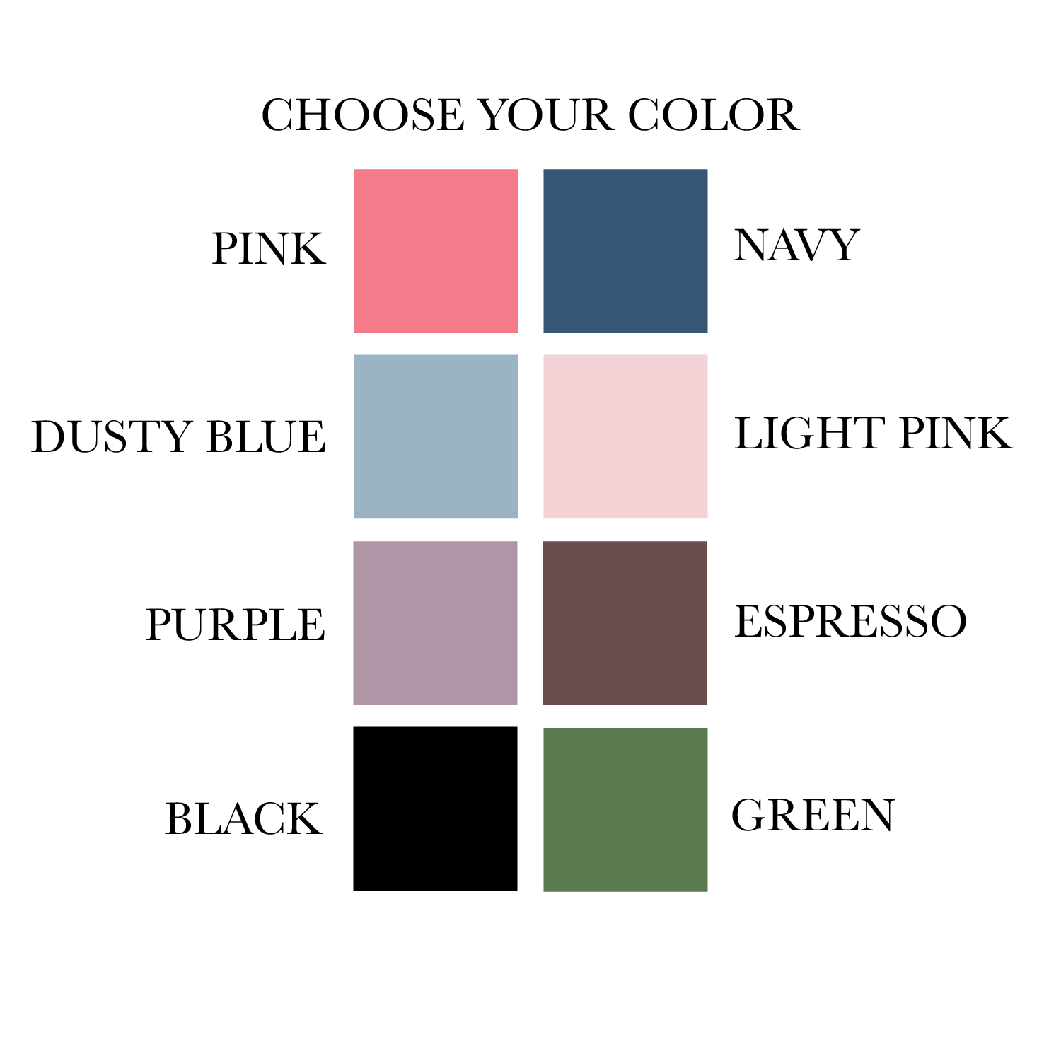 color chart showing 8 options for custom baby stationery including pink, navy, and green