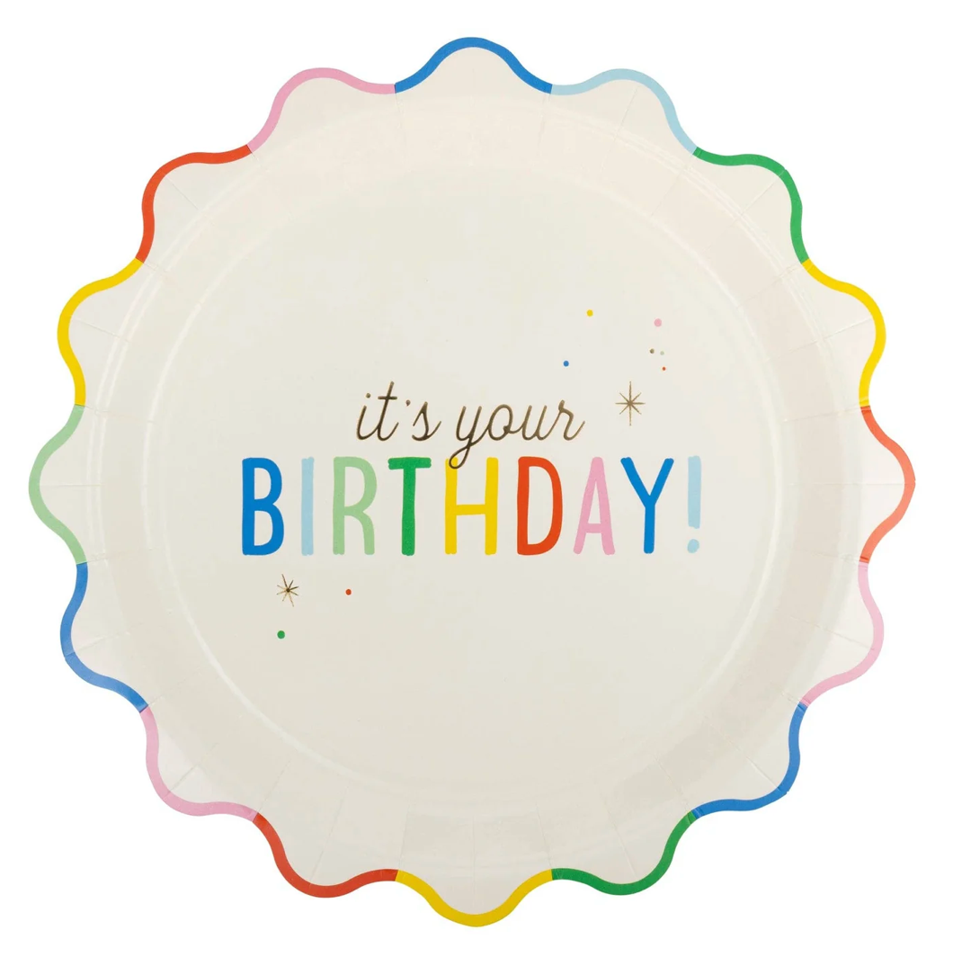white plate with it’s your birthday and multicolor scalloped edge