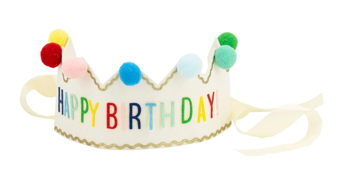 felt birthday crown with colorful pom poms and happy birthday text