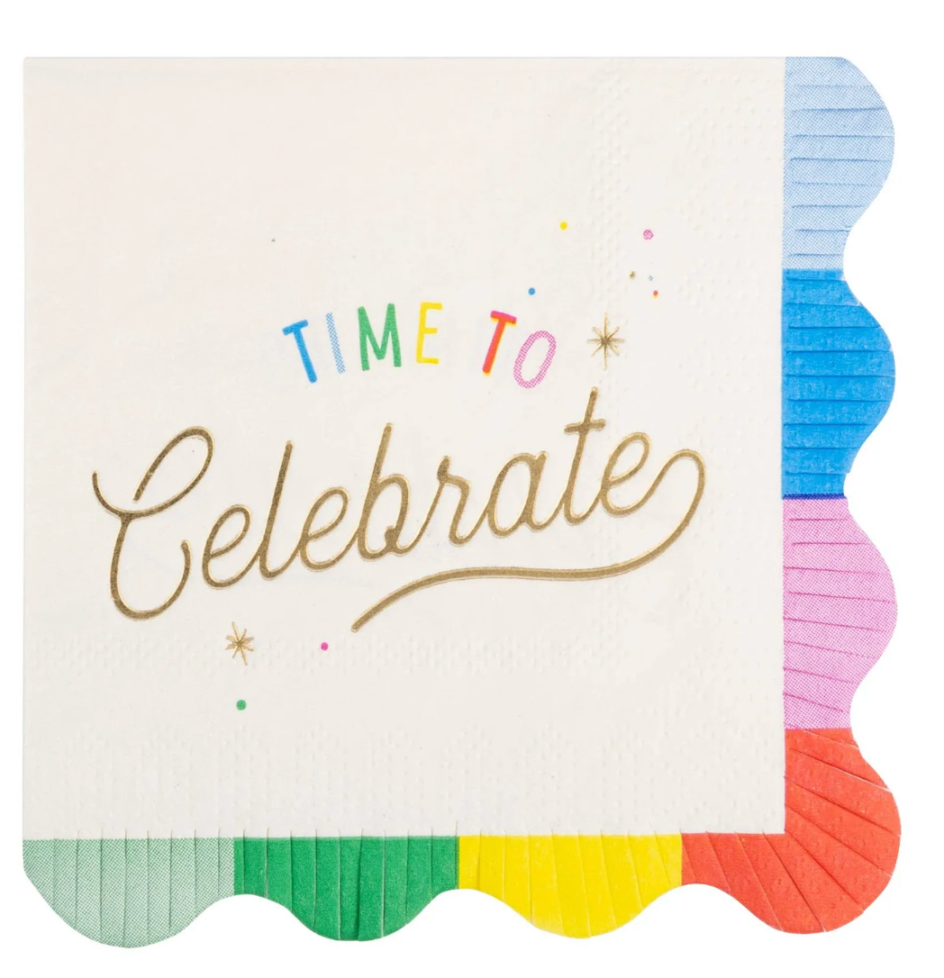 napkin with time to celebrate text and scalloped rainbow edge