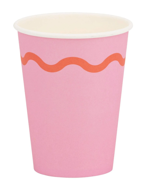 pink party cup with a fun coordinated coral wavy design to match the birthday party theme