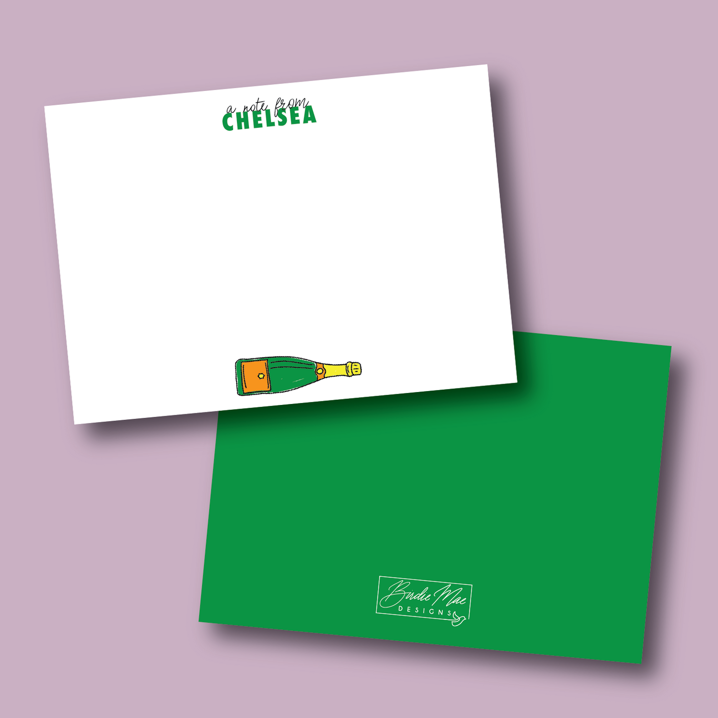 personalized note card with champagne bottle icon and custom name