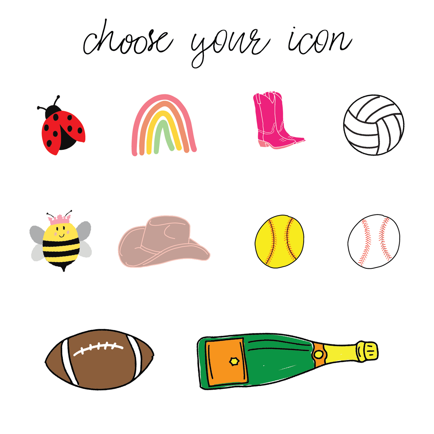 chart of 10 icons including ladybug, rainbow, boots, ball, bee, cowboy hat, champagne and more for personalized note cards