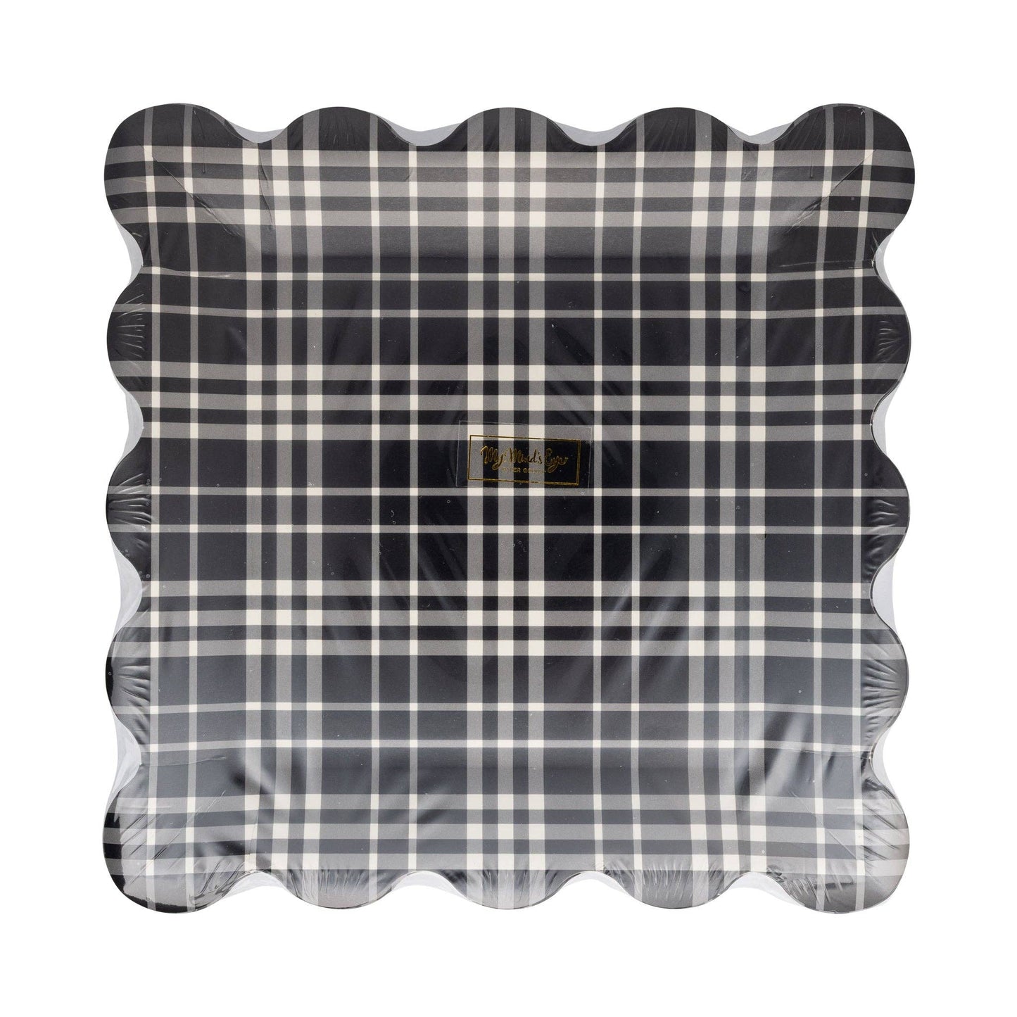 Black and white checkered balloon with scalloped edge on a white background