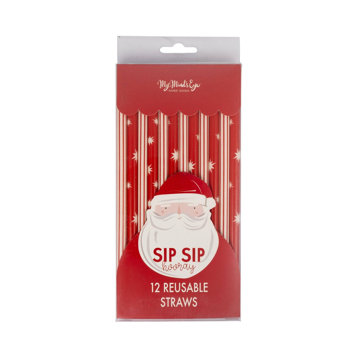 Pack of reusable straws with Santa Claus design on a red background