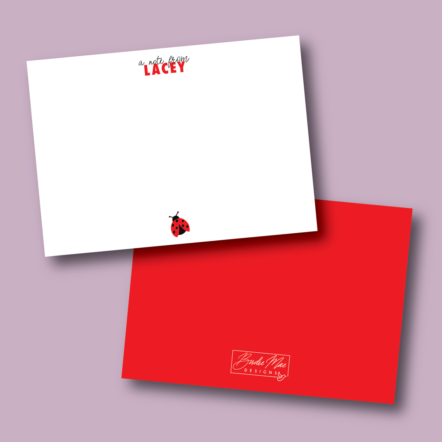 personalized note card with name and ladybug icon