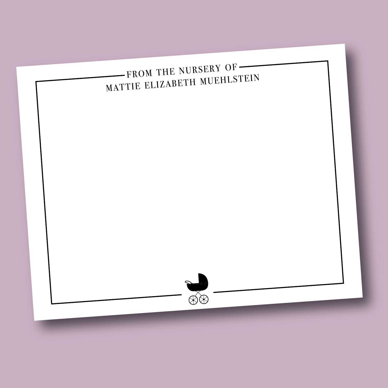 black baby thank you note featuring stroller and name