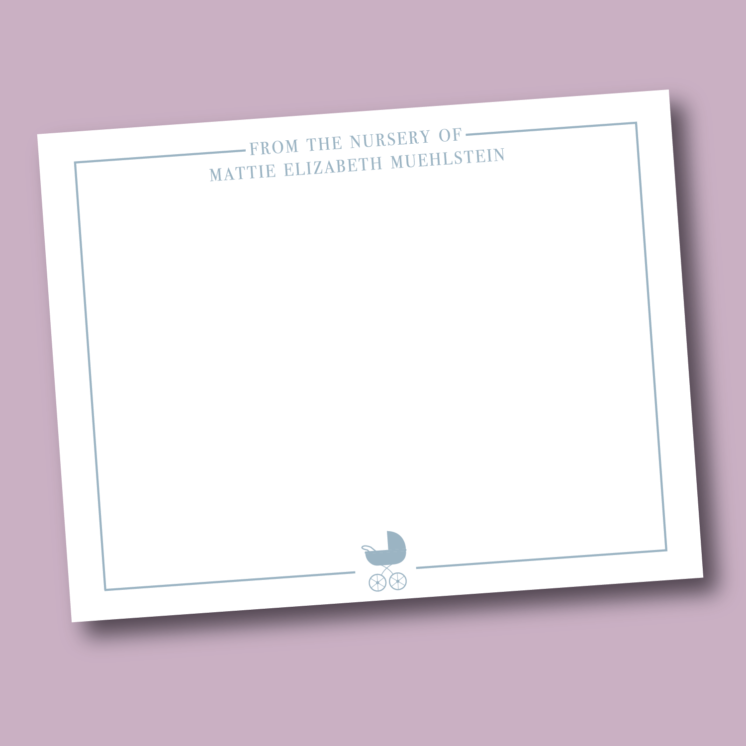 dusty blue baby thank you card with stroller design