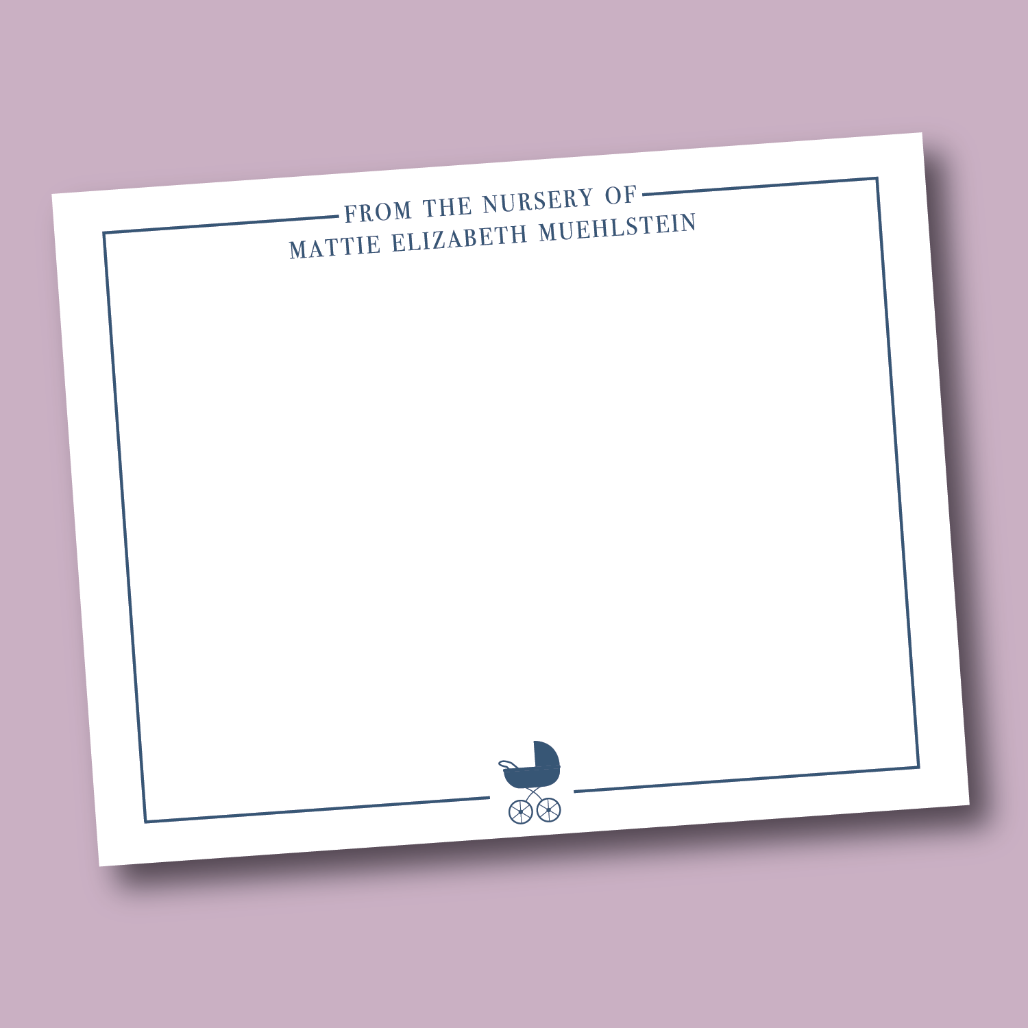 navy nursery thank you note with baby stroller and name