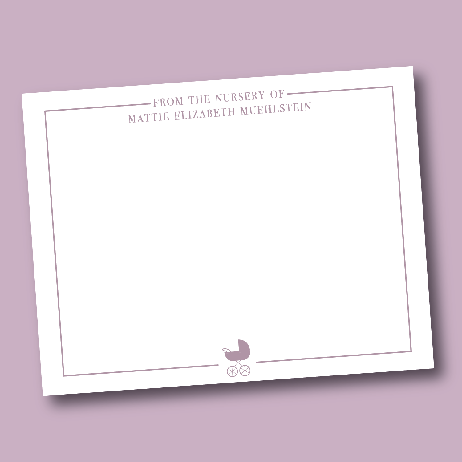 custom baby stationery in purple with stroller design