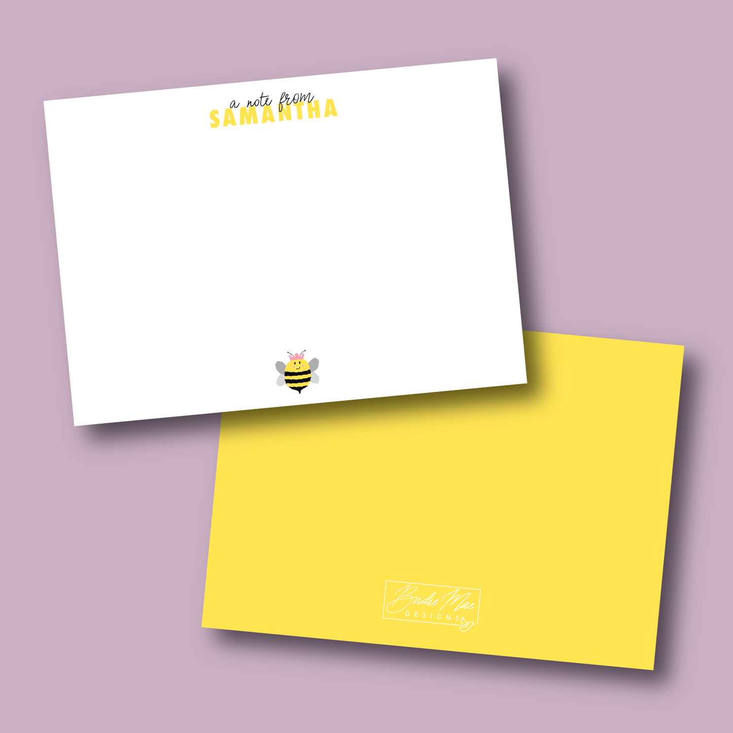 personalized note card with name and bee wearing crown