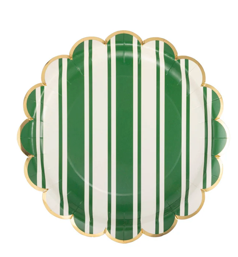 green and white striped scalloped party plate with gold trim