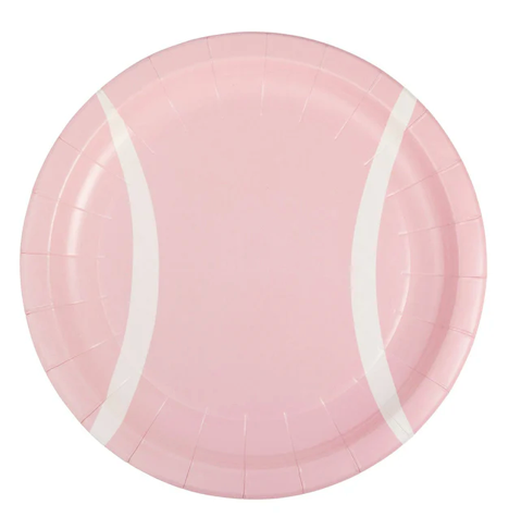 round pink tennis ball paper plate for tennis themed parties