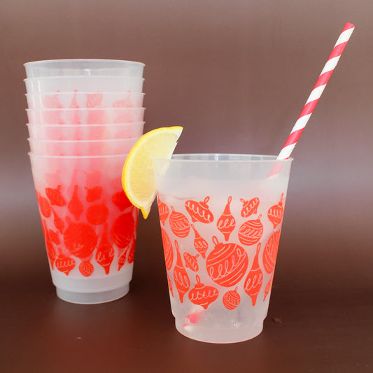 Add vintage charm to holiday parties with our red ornament cups! Reusable, dishwasher safe, and perfect for festive entertaining.
