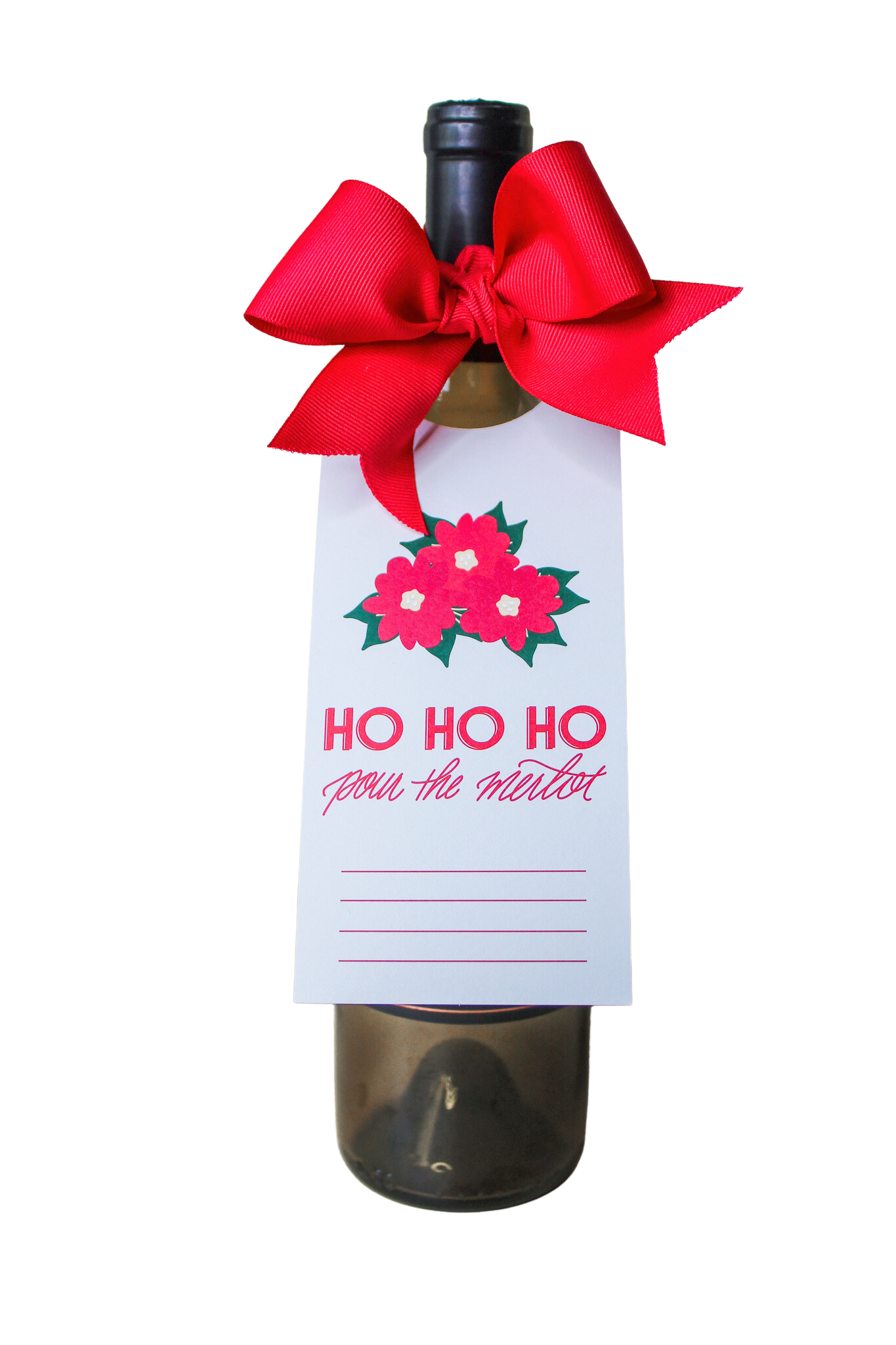 "Ho Ho Ho Pour The Merlot" Holiday Bottle Neck Gift Tags. These tags come complete with pre-cut ribbons, simplifying your gift presentation. Just slide the tag onto the bottle neck, tie the ribbon into a beautiful bow,