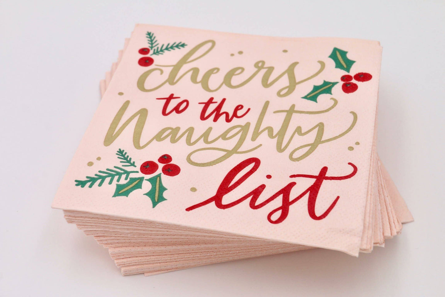 Get ready for some festive fun with Cheers to the Naughty List cocktail napkins! With 20 napkins in each pack, you'll have plenty to go around. These 3ply napkins are 5"x5" and perfect for spicing up your holiday party. Don't worry about being on the naughty list, just cheers your way through with these funny napkins! Festive Themed Beverage/Appetizer/Cocktail Napkins/Disposable Napkins for Holiday Parties and Entertainment 20ct Dimensions: 3 ply 5" x 5"