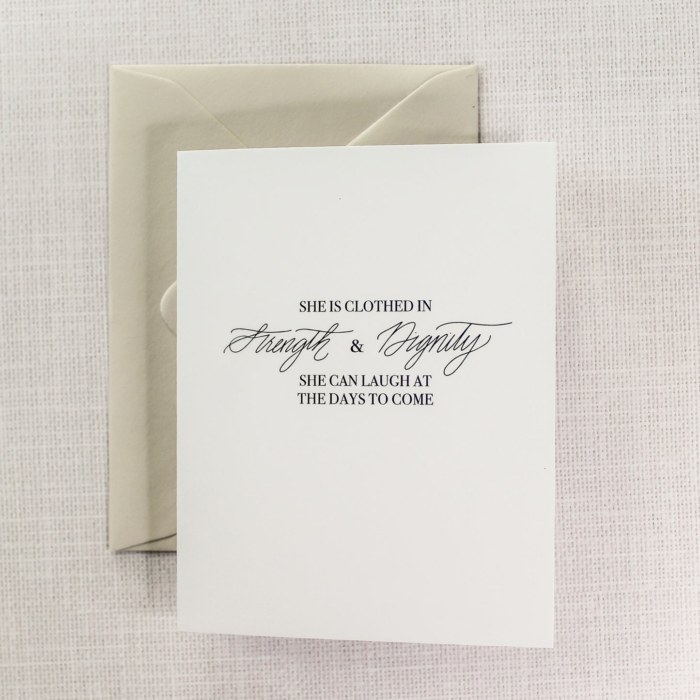 he Is Clothed In Strength And Dignity, She Can Laugh At The Days To Come, Christian greeting Card, Bible verse greeting card