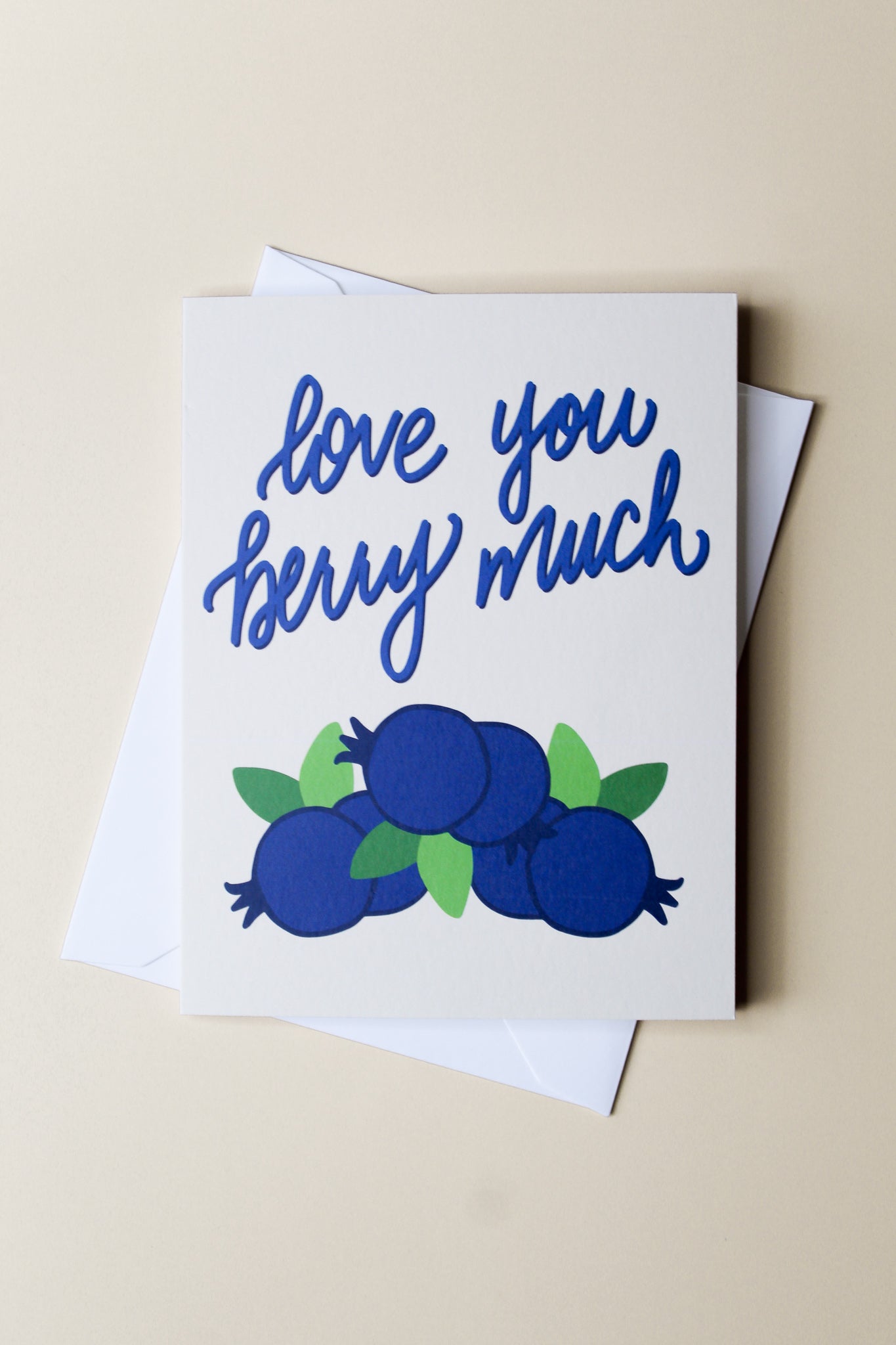 "Love You Berry Much" This card is part of our cheerful fruit collection and so sweet for a little note of love or thanks to a special friend or child. Each card is folded to 4.25" tall by 5.5" wide, is blank inside and comes with a matching white envelope. Cards are packaged in cellophane sleeves.