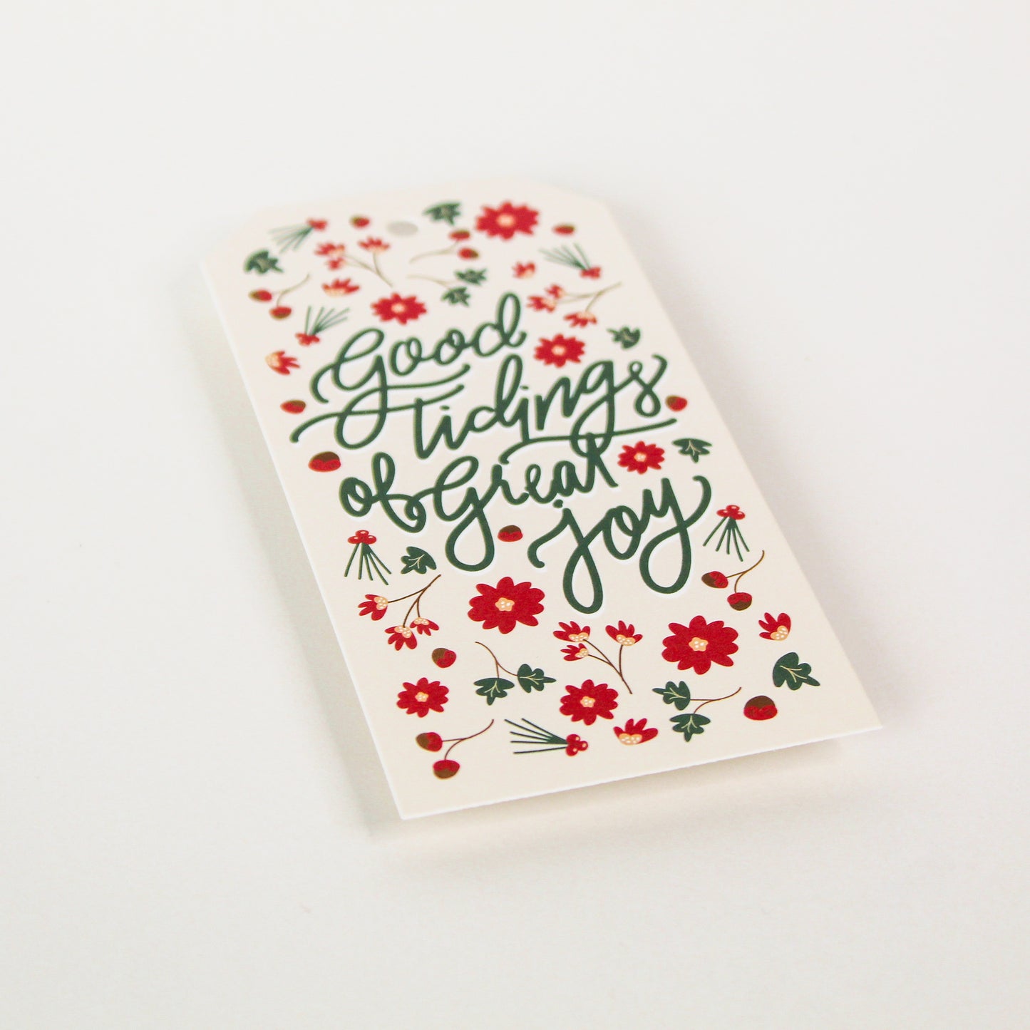 "Good Tidings of Great Joy!" Christmas gift tags add a festive touch to your holiday presents. These cute tags come in sets of eight and include red string.