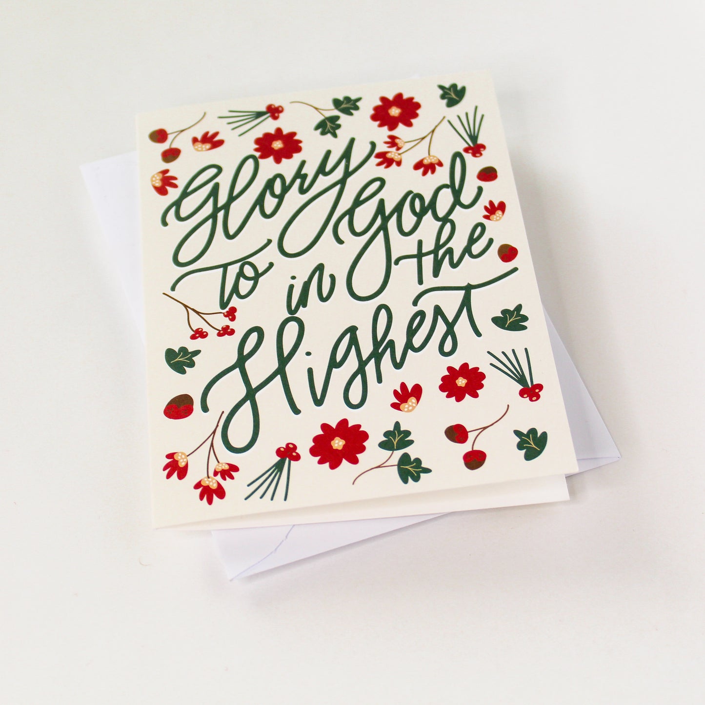 "Glory to God in the Highest!" Christmas Greeting Card is a festive way to bring joy during the holiday season. Each card is folded to 4.25" tall by 5.5" wide, is blank inside and comes with a matching white envelope. Cards are packaged in cellophane sleeves.
