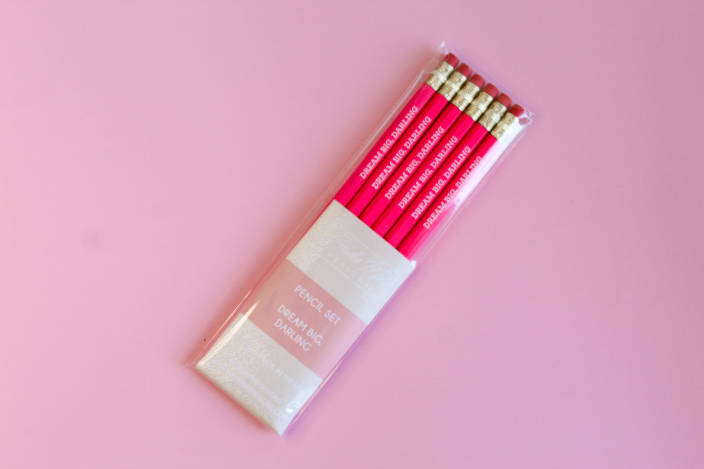 6 Standard Hex Shaped Pencils, neon pink pencils, Dream Big Darling pink pencil set