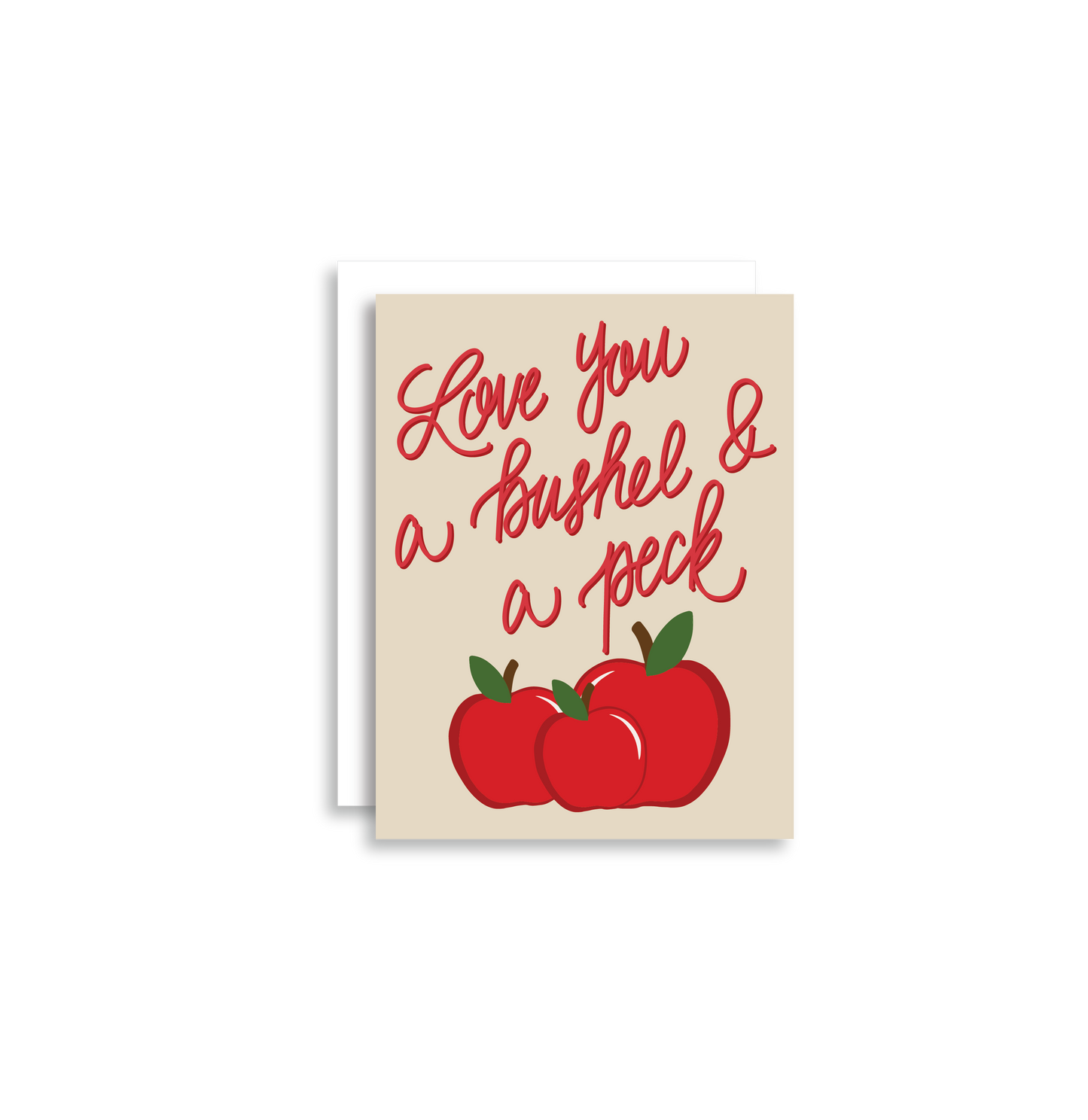 "Love You A Bushel and A Peck" greeting card is part of our cheerful fruit collection and so sweet for a little note of love or thanks to a special friend or child. Each card is folded to 4.25" tall by 5.5" wide, is blank inside and comes with a matching white envelope. Cards are packaged in cellophane sleeves.