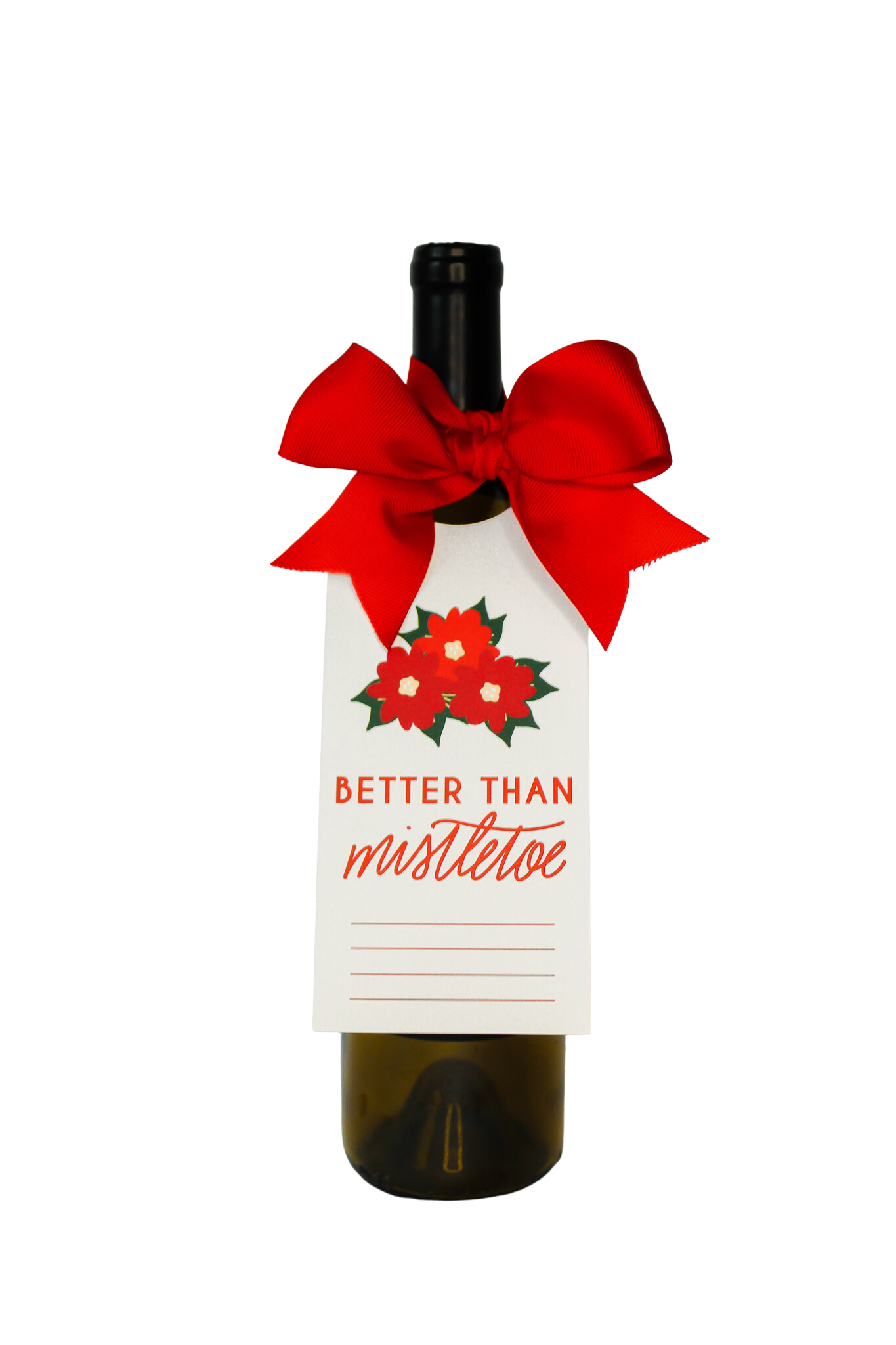 hostess gift, 'Better Than Mistletoe' Bottle Neck Gift Tags. Each tag comes with pre-cut ribbon for effortless presentation