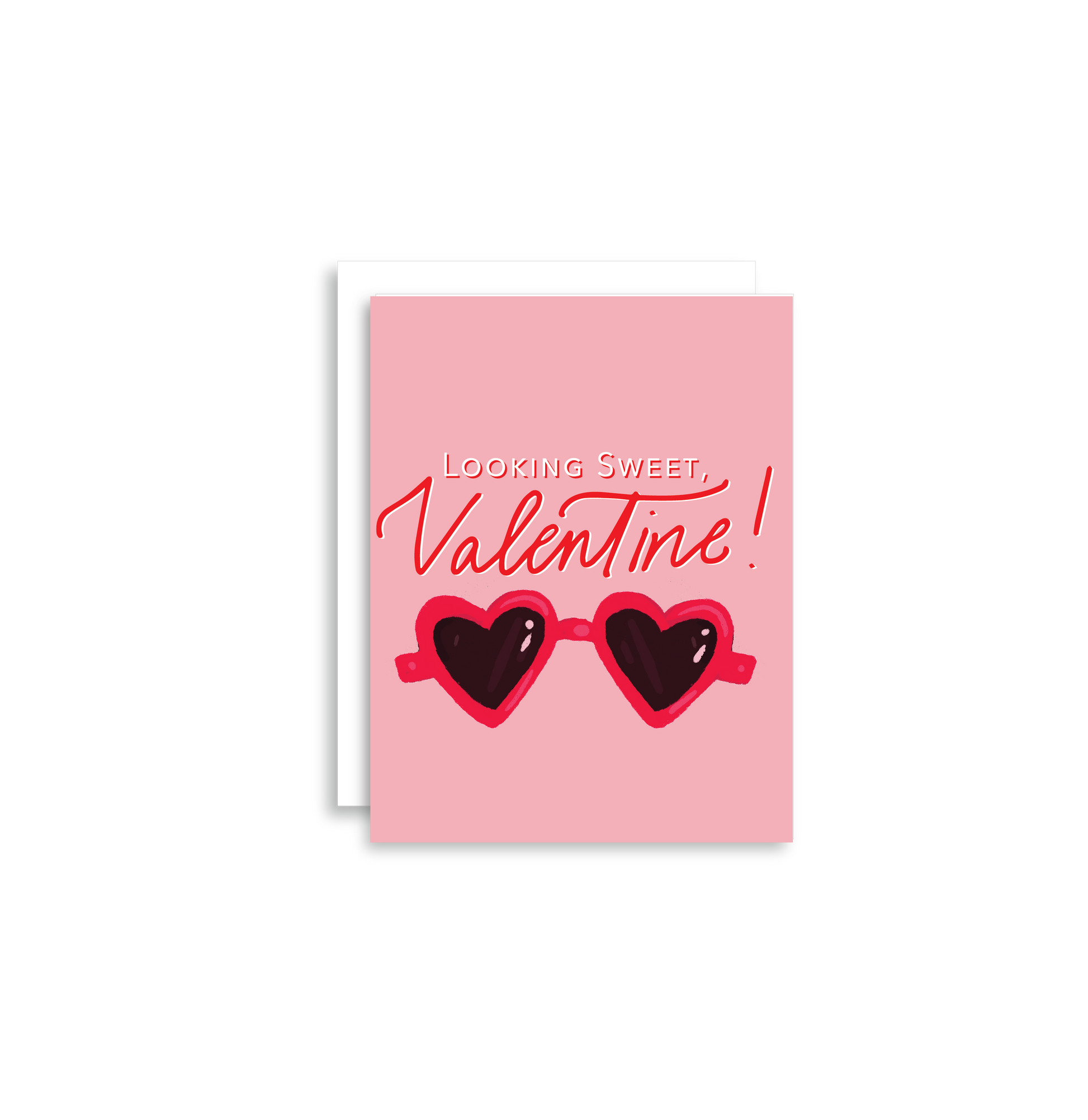 Our "Looking Sweet, Valentine!" Valentine's Day card features hand drawn heart sunglasses on a pink background - it is perfect for a kid or adult! Each card is folded to 4.25" tall by 5.5" wide, is blank inside and comes with a matching white envelope. Cards are packaged in cellophane sleeves.