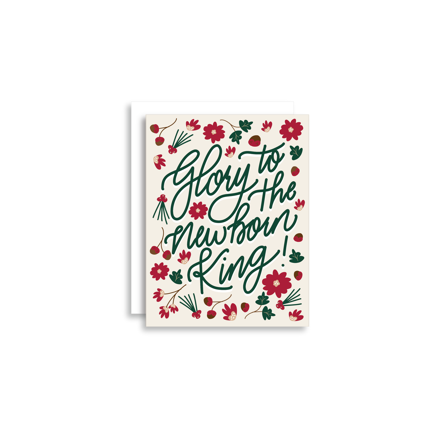 "Glory to the Newborn King!" Christmas Greeting Card is a festive way to bring joy during the holiday season. Each card is folded to 4.25" tall by 5.5" wide, is blank inside and comes with a matching white envelope. Cards are packaged in cellophane sleeves.