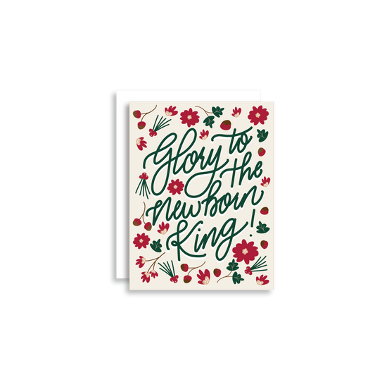 "Glory to the Newborn King!" Christmas Greeting Card is a festive way to bring joy during the holiday season. Each card is folded to 4.25" tall by 5.5" wide, is blank inside and comes with a matching white envelope. Cards are packaged in cellophane sleeves.
