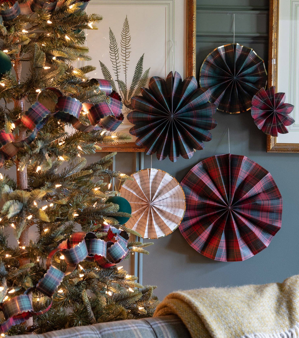 Plaid Paper Fan Holiday Decor | Set of 5