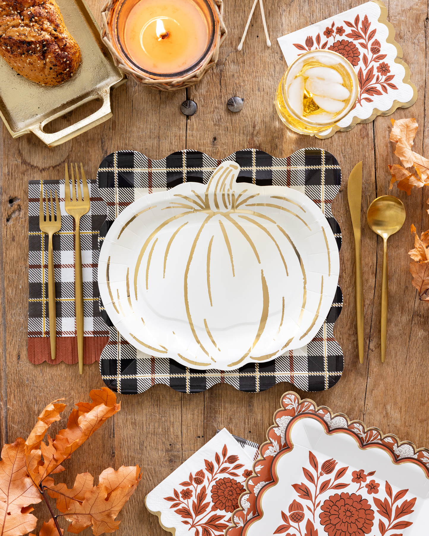 Cream Pumpkin Paper Plates with Gold Foil – Halloween, Fall & Thanksgiving Party Plates, Set of 8