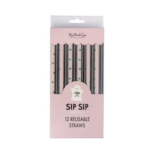 Pink & Black Ghosts & Bows Reusable Straws