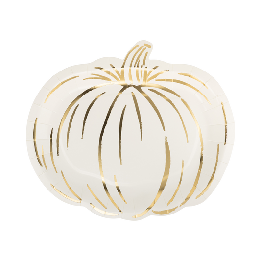 Cream Pumpkin Paper Plates with Gold Foil – Halloween, Fall & Thanksgiving Party Plates, Set of 8