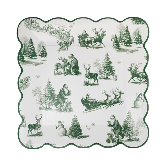 Green Christmas Toile 9" Square Paper Plate