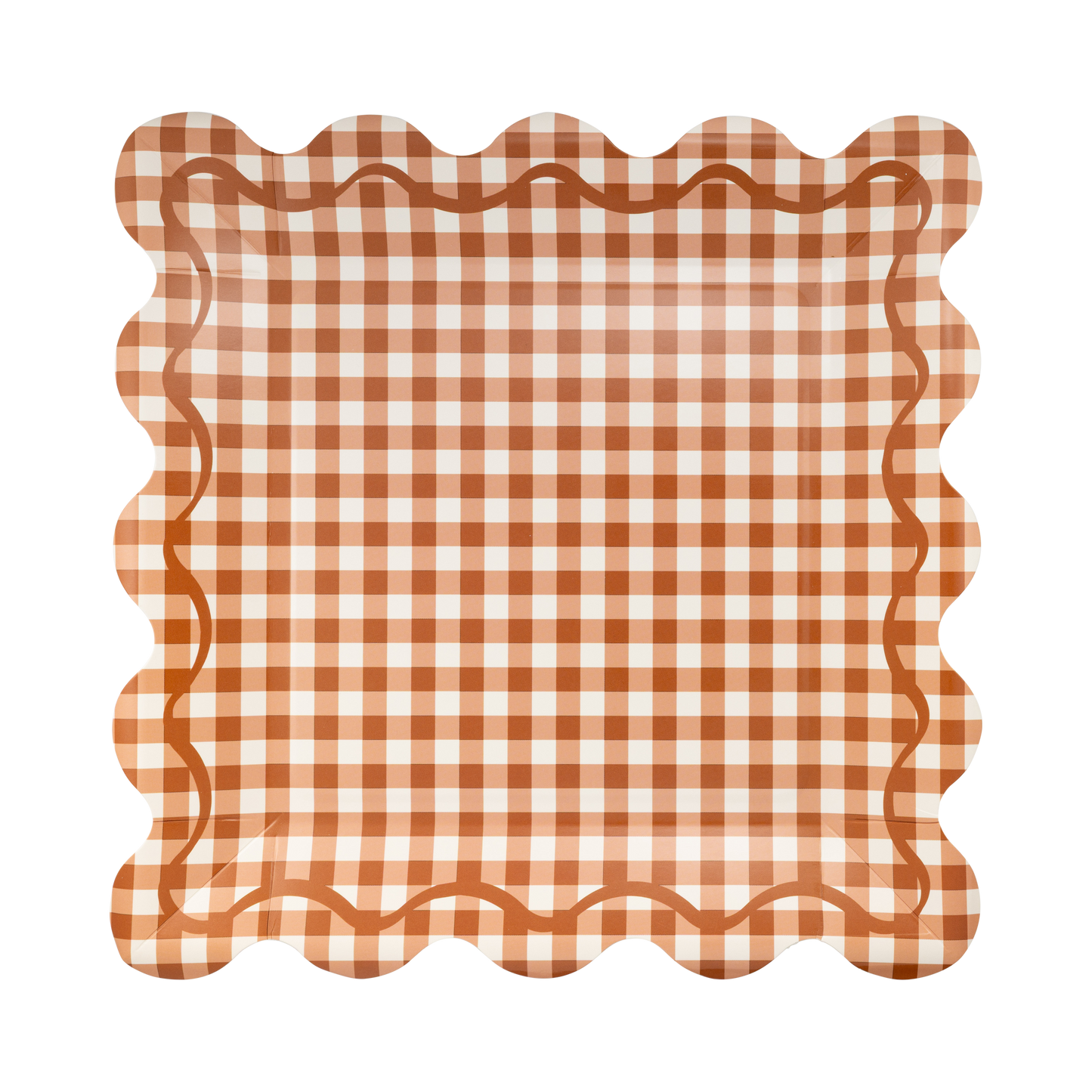 Rust Gingham Scalloped Paper Plates – Fall, Thanksgiving & Friendsgiving Tableware, Set of 8