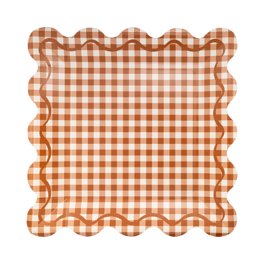 Rust Gingham Scalloped Paper Plates – Fall, Thanksgiving & Friendsgiving Tableware, Set of 8