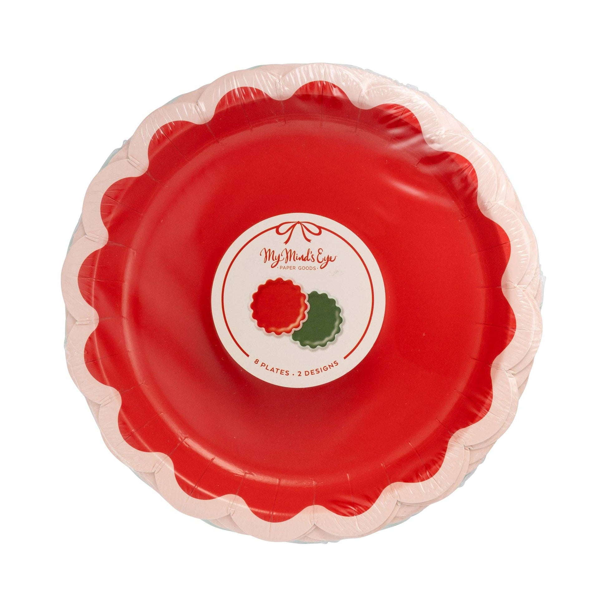 Red paper plate with decorative edge and 'My Mind's Eye' logo on a white background